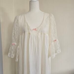 Vtg Nightgown Size Large Ivory Lace Gauze Pink Bows Babydoll Made in USA *read*